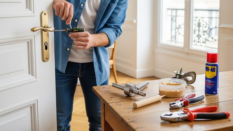 Bricoleur réparer une poignée de porte avec des outils sur une table, illustrant un guide pratique de réparation domestique.